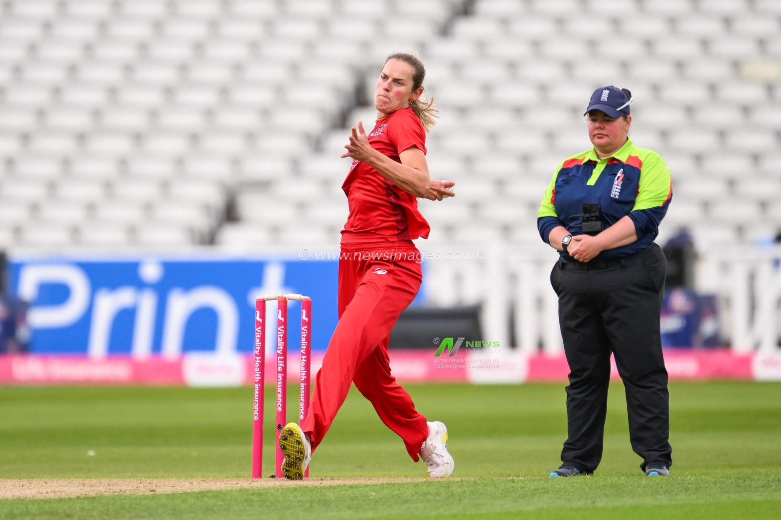 Phoebe Graham of Lancashire Thunder delivers the ball during the Charlotte Edwards Cup match Central Sparks vs Lancashire Thunder at Edgbaston, Birmingham, United Kingdom, 14th June 2024

(Photo by Craig Thomas/News Images)