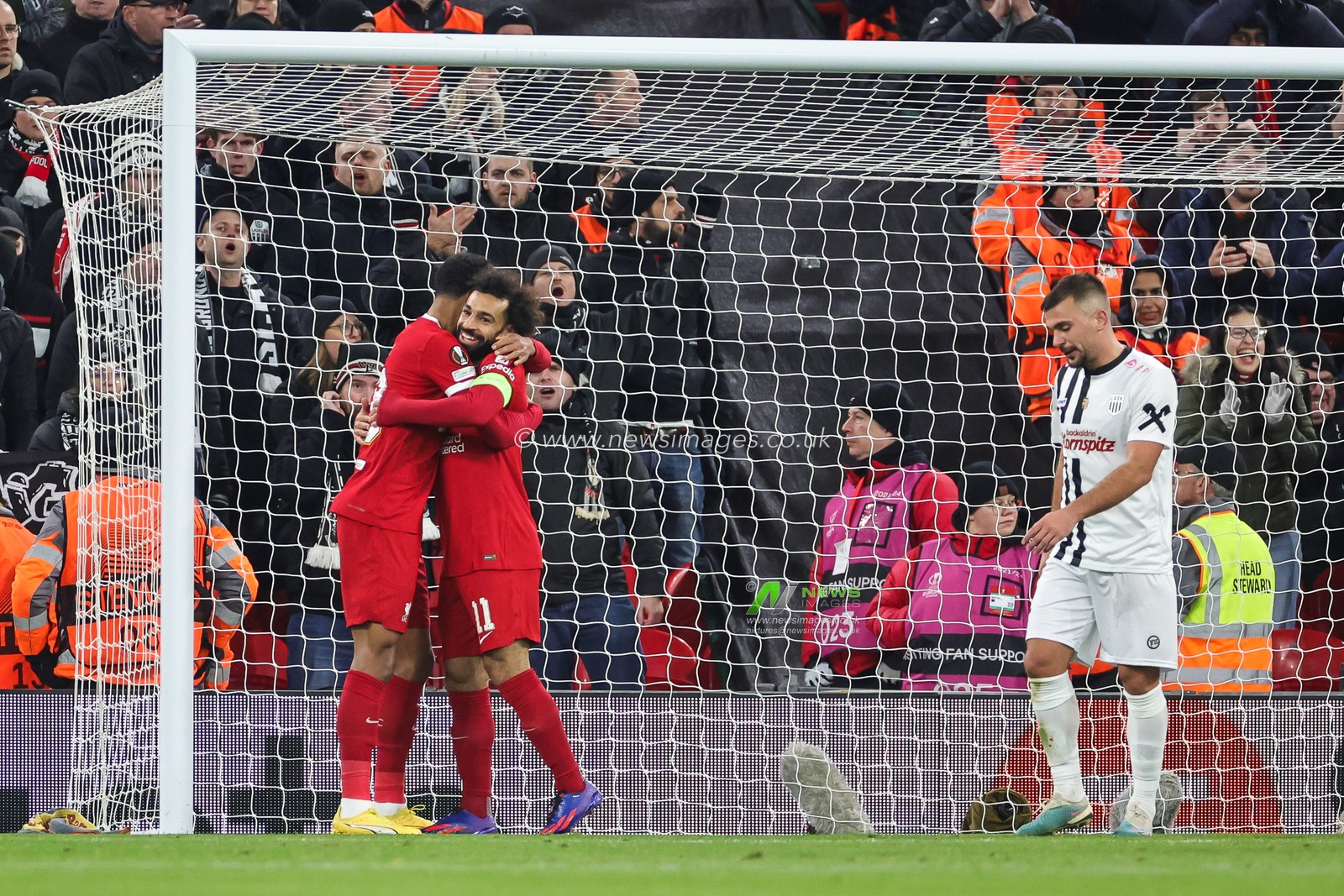 Cody Gakpo #18 of Liverpool celebrates his goal to make it 2-0 during the UEFA Europa League Group E match Liverpool vs LASK at Anfield, Liverpool, United Kingdom, 30th November 2023

(Photo by Mark Cosgrove/News Images)