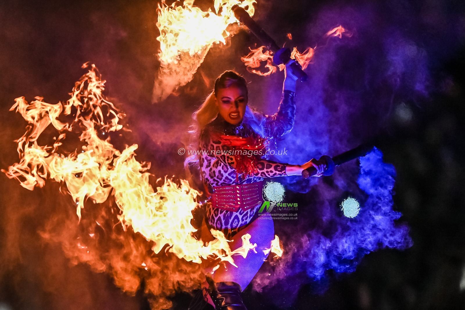 Fire show ahead of the Betfred Super League Round 1 match Leigh Leopards vs Salford Red Devils at Leigh Sports Village, Leigh, United Kingdom, 17th February 2023

(Photo by Craig Thomas/News Images)