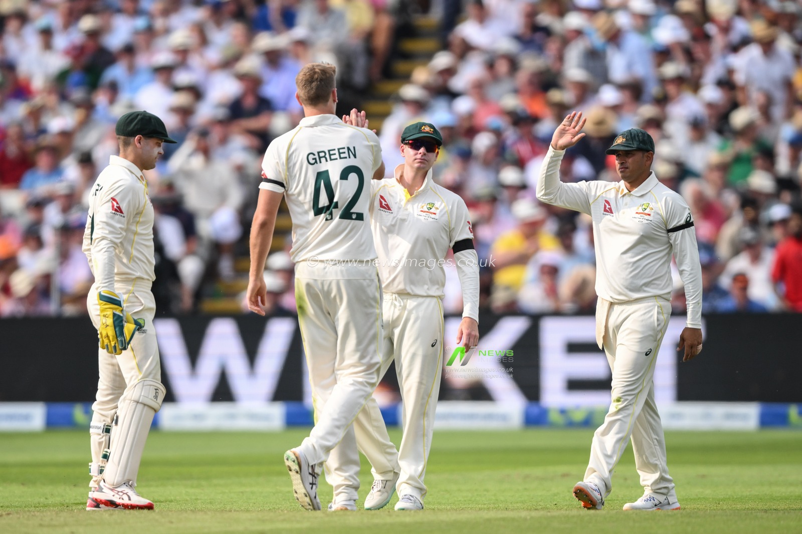 Cameron Green of Australia celebrates bowling out Stuart Broad of England during the LV= Insurance Ashes First Test Series Day 1 England vs Australia at Edgbaston, Birmingham, United Kingdom, 16th June 2023

(Photo by Craig Thomas/News Images)