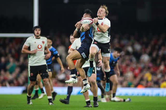 Blair Murray of Wales jumps for the ball during the Quilter Nations Series 2025 match Wales vs Japan at Principality Stadium, Cardiff, United Kingdom, 15th November 2025

(Photo by Andrew Lewis/News Images)

*** GER AUT SUI OUT ***