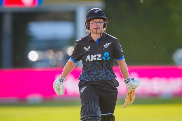 New Zealand opener Georgia Plimmer walks off after being bowled by Lauren Bell of England during the England Women v New Zealand 1st Vitality IT20 match at The Central Co-Op County Ground, Derby, United Kingdom on 20 May 2026

(Photo by Maynard Manyowa/News Images)