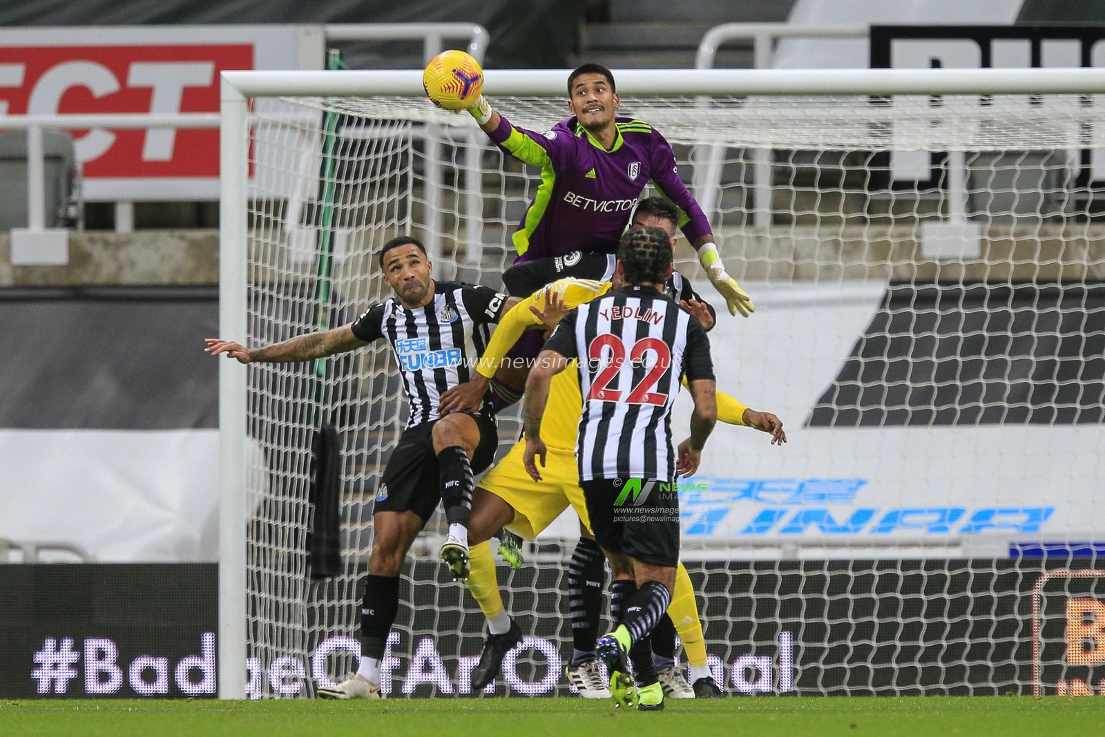 Alphonse Areola #1 of Fulham punches the ball clear under pressure from Callum Wilson #13 of Newcastle United