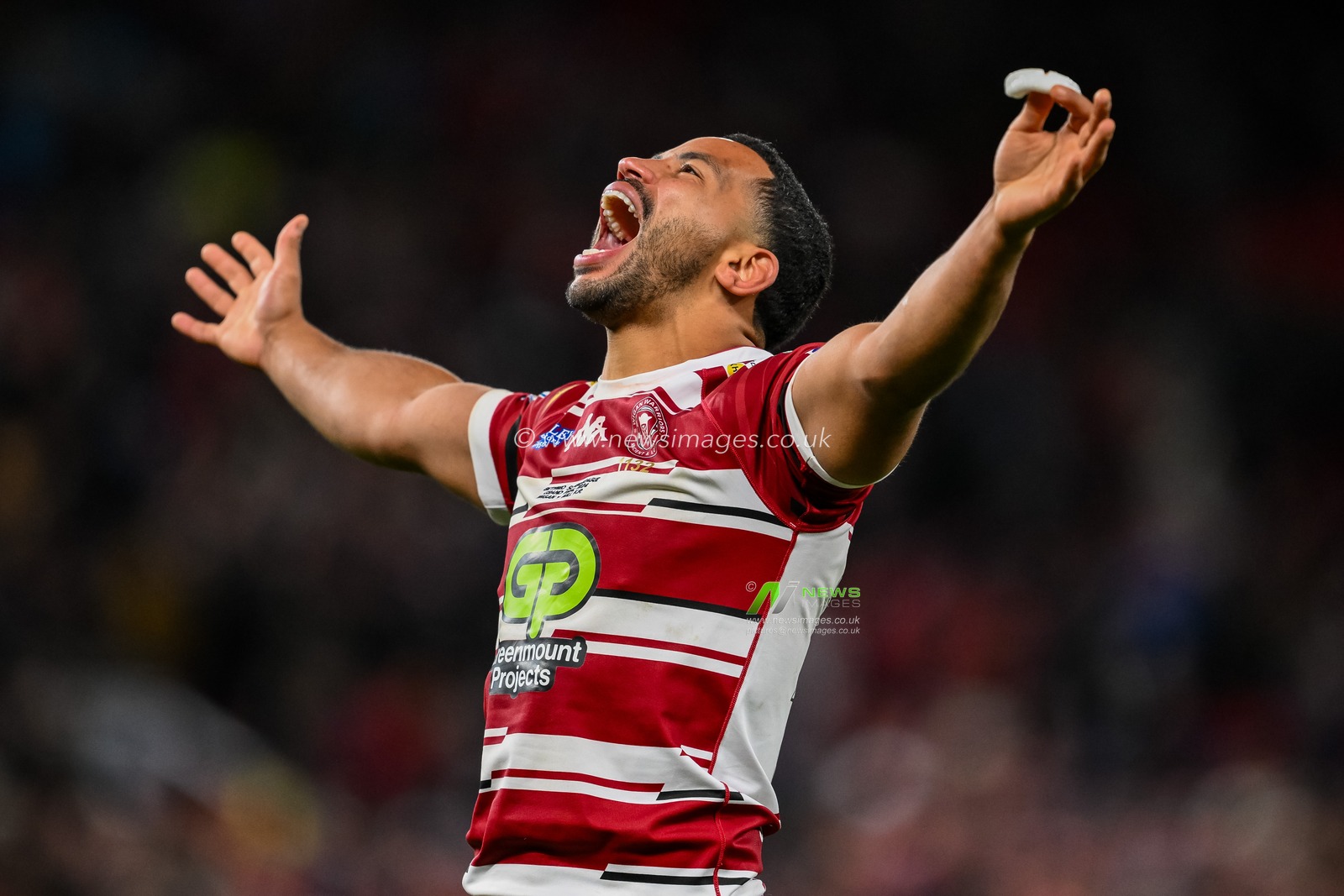 Kruise Leeming of Wigan Warriors celebrates the teams victory following the Betfred Super League Grand Final match Wigan Warriors vs Hull KR at Old Trafford, Manchester, United Kingdom, 12th October 2024

(Photo by Craig Thomas/News Images)