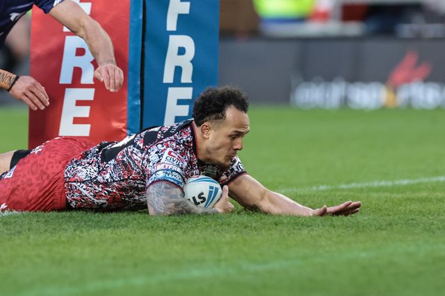 Liam Horne of Leigh Leopards runs in a solo try as he goes over during the Betfred Super League round 6 match Leigh Leopards vs Toulouse at Leigh Sports Village, Leigh, United Kingdom on 28 March 2026

(Photo by Mark Cosgrove/News Images)