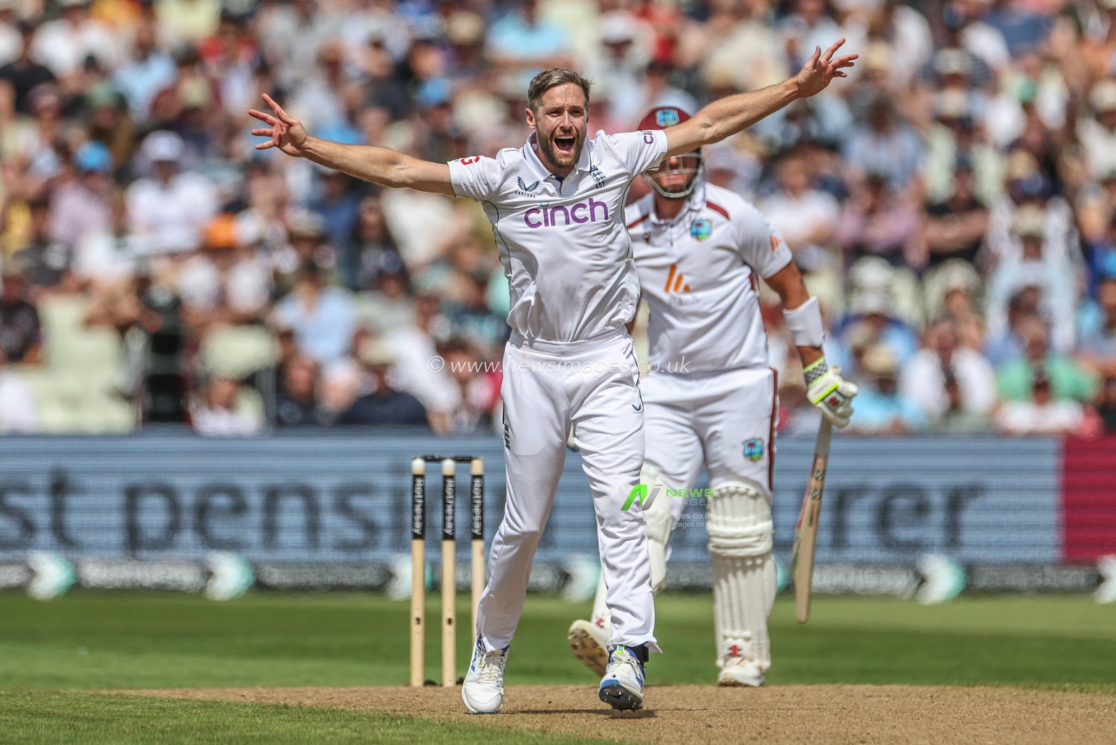 Chris Woakes of England appeals for LBW ruled out by DRS during the 3rd Rothesay Test Match Day One match England vs West Indies at Edgbaston, Birmingham, United Kingdom, 26th July 2024

(Photo by Mark Cosgrove/News Images)