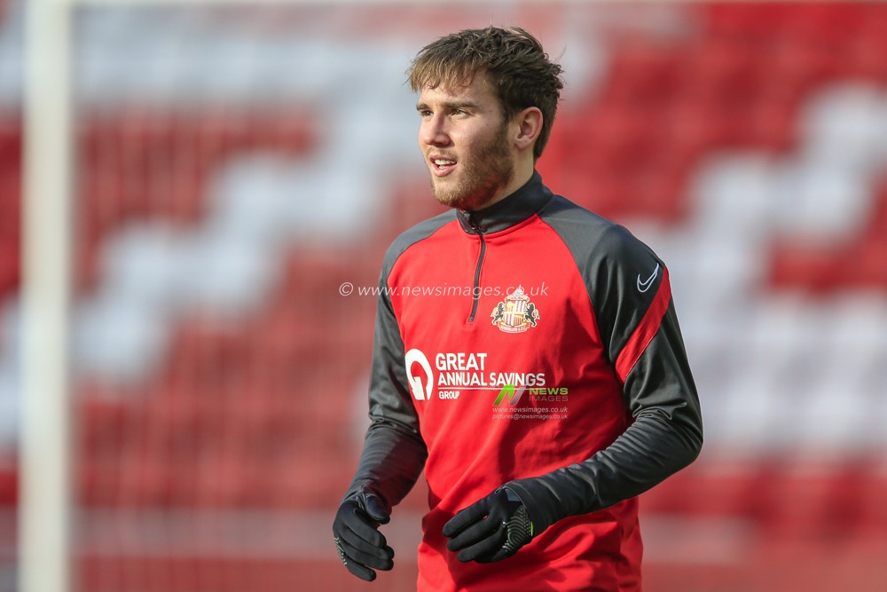 Jake Vokins #30 of Sunderland during the pre-game warmup