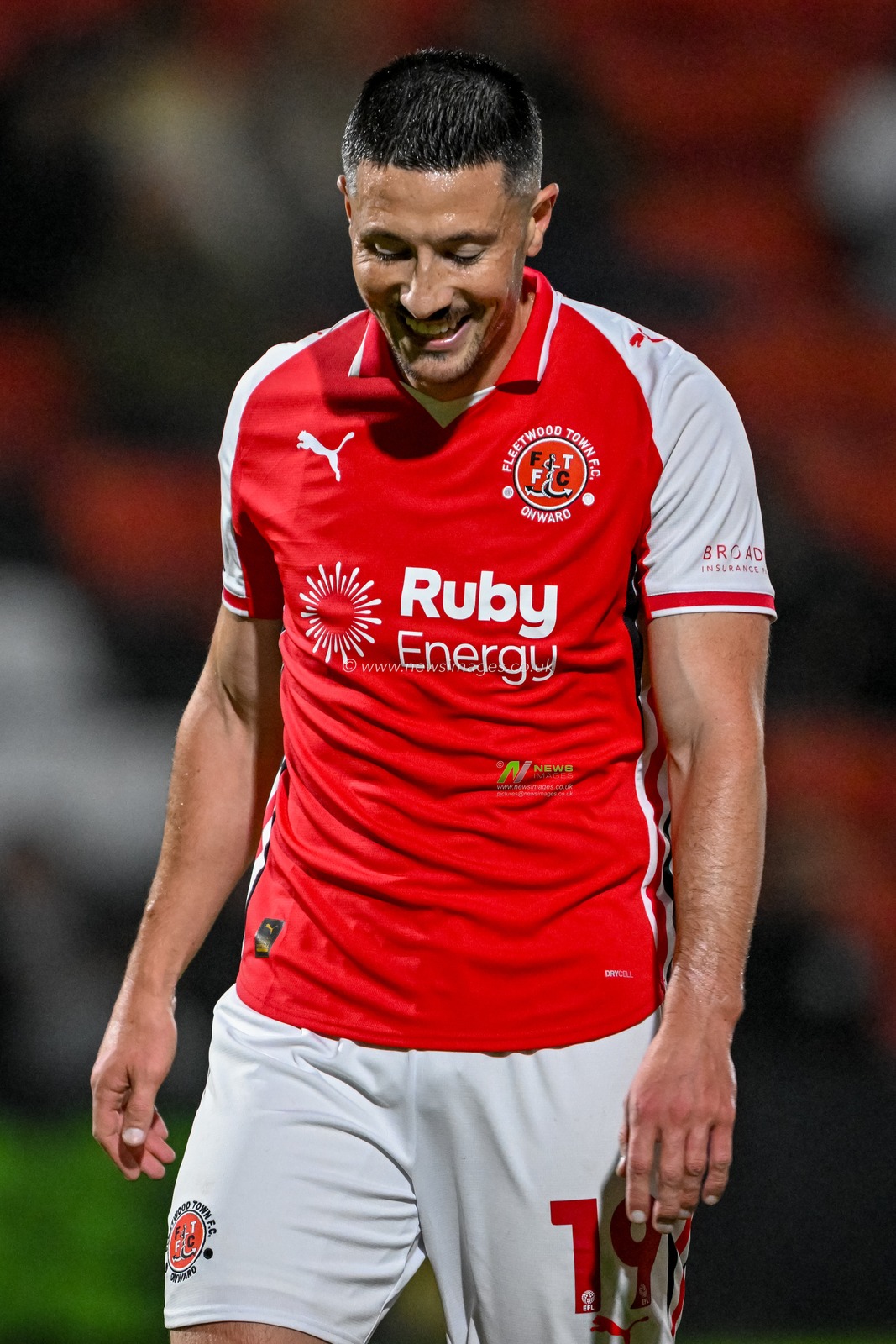 Ronan Coughlan of Fleetwood Town laughs during the The Vertu Trophy match Fleetwood Town vs Leeds United Academy at Highbury Stadium, Fleetwood, United Kingdom, 7th October 2025

(Photo by Adam Gee/News Images)