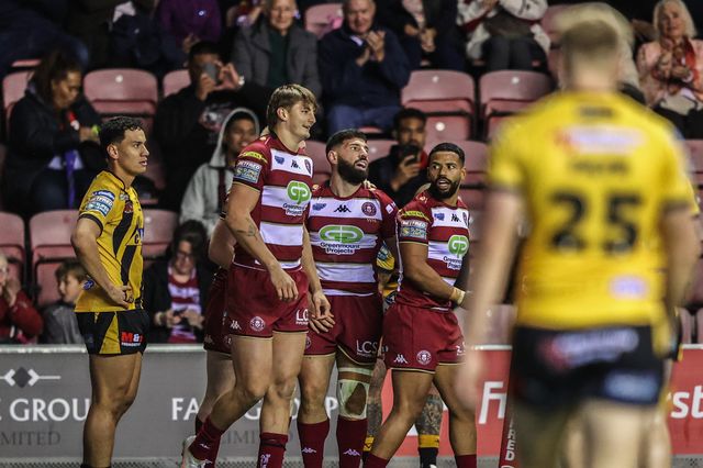 Abbas Miski of Wigan Warriors celebrates his try to make it 38-0 during the Betfred Super League Round 26 match Wigan Warriors vs Castleford Tigers at The Brick Community Stadium, Wigan, United Kingdom, 12th September 2025

(Photo by Alfie Cosgrove/News Images)
