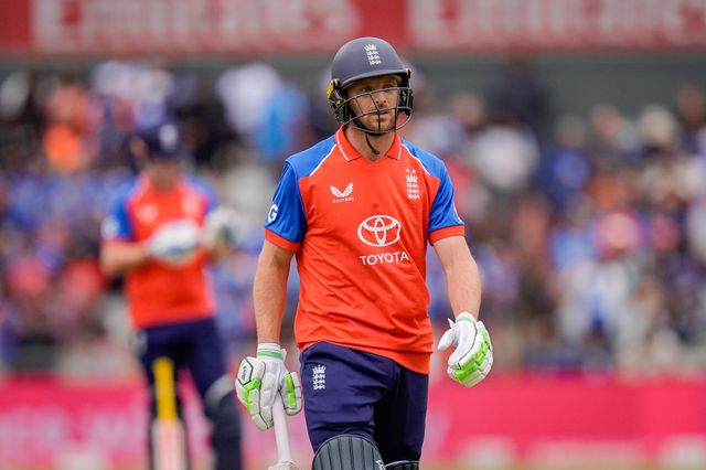 Jos Buttler of England walks off dejected after he clips the ball to mid wicket and is caught off the bowling of Arshdeep Singh of India during the Second Vitality T20 International match England vs India at Old Trafford, Manchester, United Kingdom on 04 July 2026

(Photo by Maynard Manyowa/News Images)