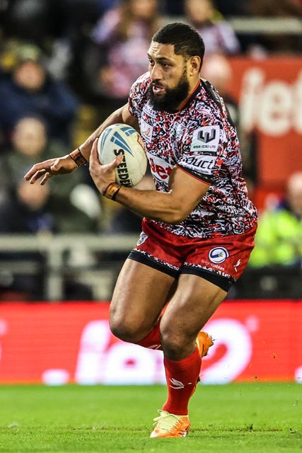 Isaac Liu of Leigh Leopards breaks with the ball during the Betfred Super League match Leigh Leopards vs Catalans Dragons at Leigh Sports Village, Leigh, United Kingdom on 06 March 2026

(Photo by Alfie Cosgrove/News Images)