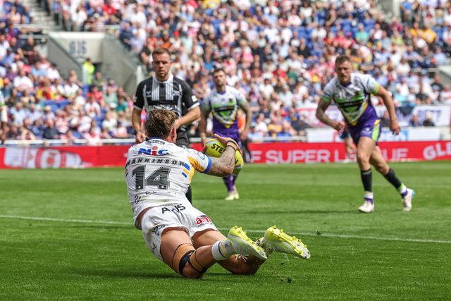 Chris Hankinson of Leeds Rhinos goes over for a try during the Betfred Super League Magic Weekend match Leeds Rhinos vs Bradford Bulls at Hill Dickinson Stadium, Liverpool, United Kingdom on 05 July 2026

(Photo by Mark Cosgrove/News Images)