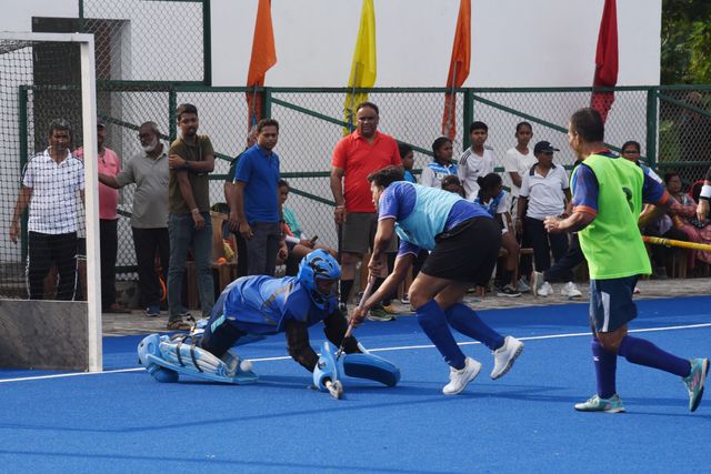 Indian veteran hockey players play at a match ahead the celebrate World Olympic Day in Howrah, West Bengal ,India on June 22,2025.Photo by Debajyoti Chakraborty. World Olympic Day celebrates every year June 23.(Photo: Debajyoti Chakraborty/News Images)