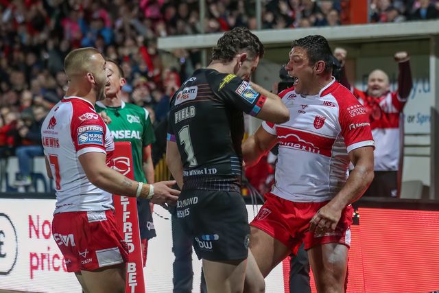 Ryan Hall of Hull KR celebrates his try during the Betfred Super League Round 9 match Hull KR vs Wigan Warriors at Sewell Group Craven Park, Kingston upon Hull, United Kingdom, 26th April 2024

(Photo by Alfie Cosgrove/News Images)