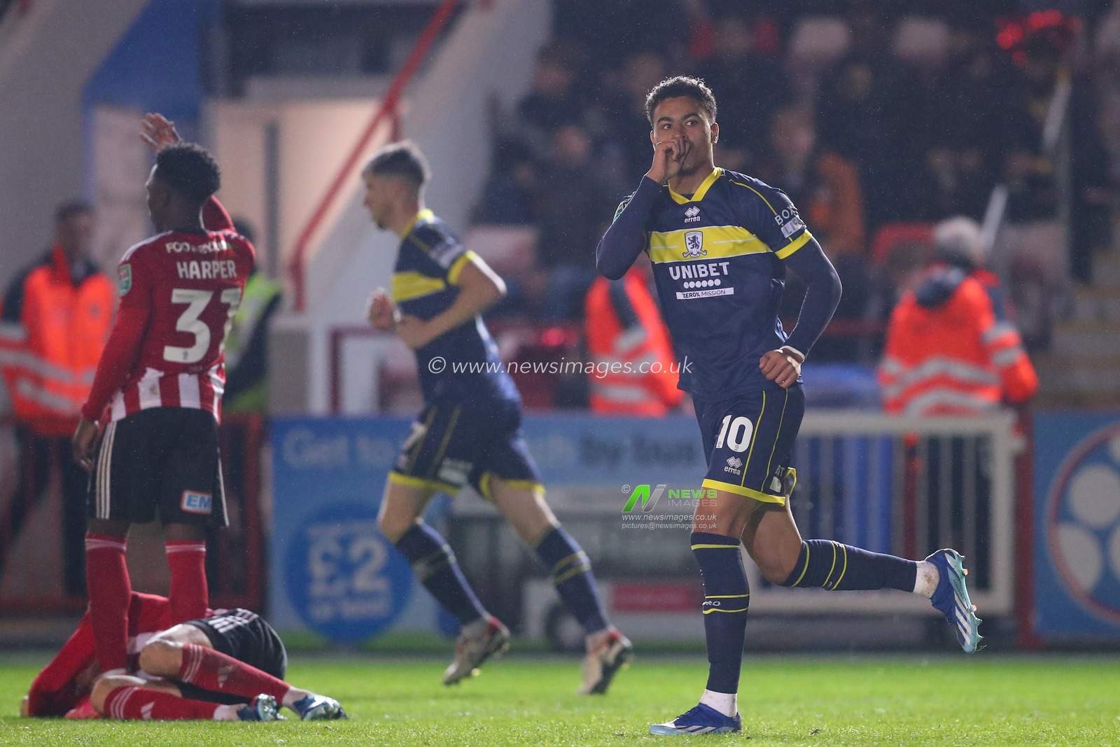 Morgan Rogers #10 of Middlesbrough celebrates his goal to make it 1-1 during the Carabao Cup match Exeter City vs Middlesbrough at St James' Park, Exeter, United Kingdom, 31st October 2023

(Photo by Gareth Evans/News Images)