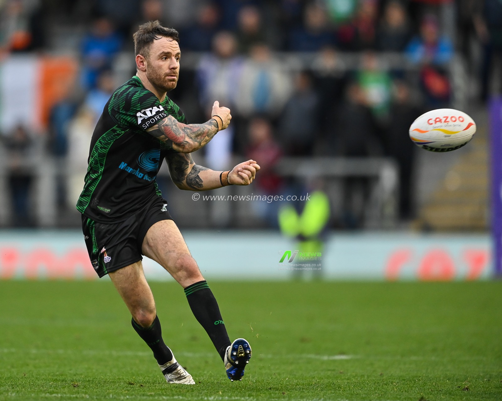 Richie Myler of Ireland makes a break during the Rugby League World Cup 2021 match Ireland vs Lebanon at Leigh Sports Village, Leigh, United Kingdom, 23rd October 2022

(Photo by Craig Thomas/News Images)