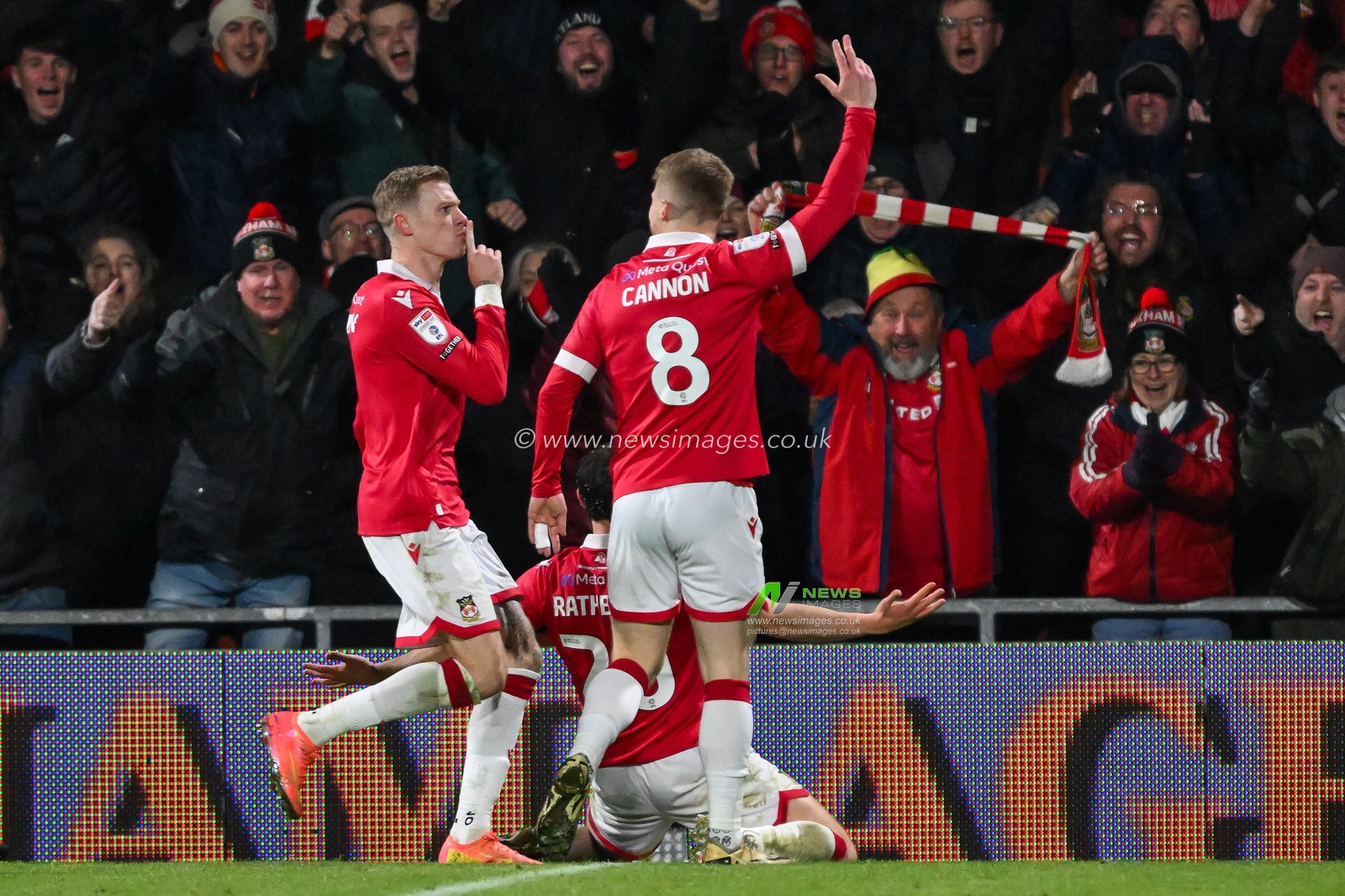Ollie Rathbone of Wrexham celebrates his goal to make it  1-0 during the Sky Bet League 1 match Wrexham vs Barnsley at SToK Cae Ras, Wrexham, United Kingdom, 3rd December 2024

(Photo by Craig Thomas/News Images)