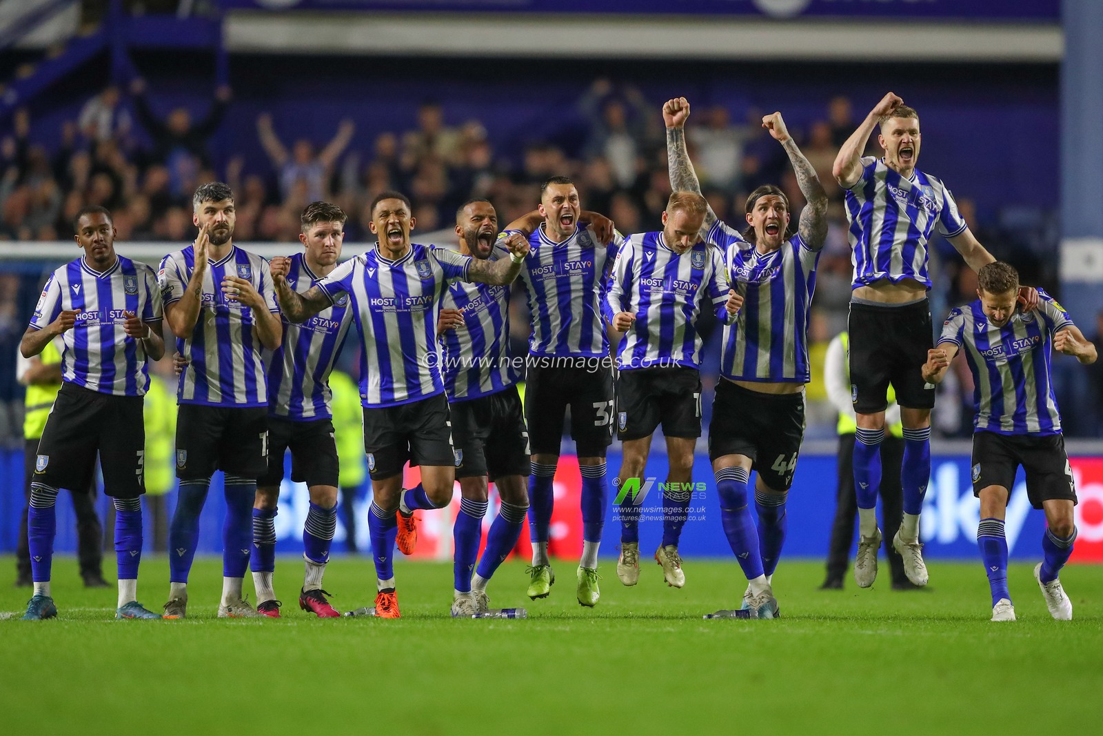 Sheffield Wednesday players celebrate during penalty shoot out in the Sky Bet League 1 Play-off match Sheffield Wednesday vs Peterborough at Hillsborough, Sheffield, United Kingdom, 18th May 2023

(Photo by Gareth Evans/News Images)