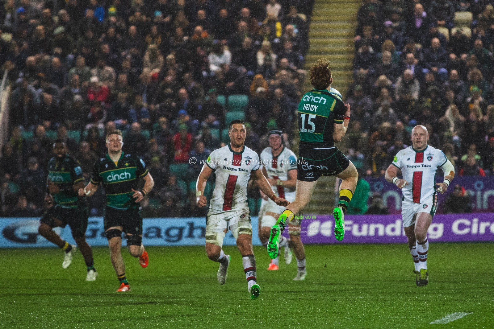 George Hendy catches a high ball under pressure from Hanro Liebenberg during the Gallagher Premiership match Northampton Saints vs Leicester Tigers at Cinch Stadium at Franklin's Gardens, Northampton, United Kingdom, 21st March 2025

(Photo by Craig Evans/News Images)