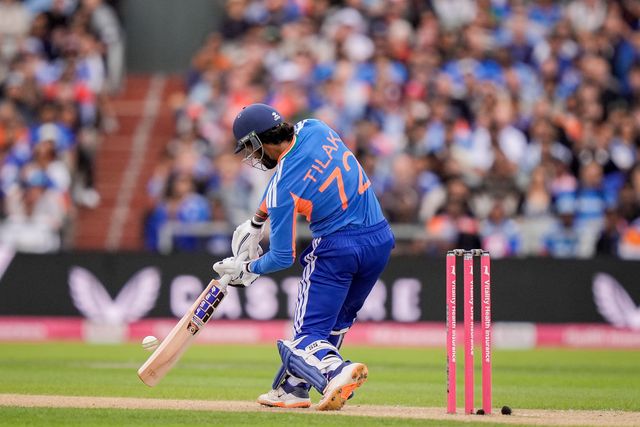 Tilak Varma of India hits a six during the Second Vitality T20 International match England vs India at Old Trafford, Manchester, United Kingdom on 04 July 2026

(Photo by Maynard Manyowa/News Images)