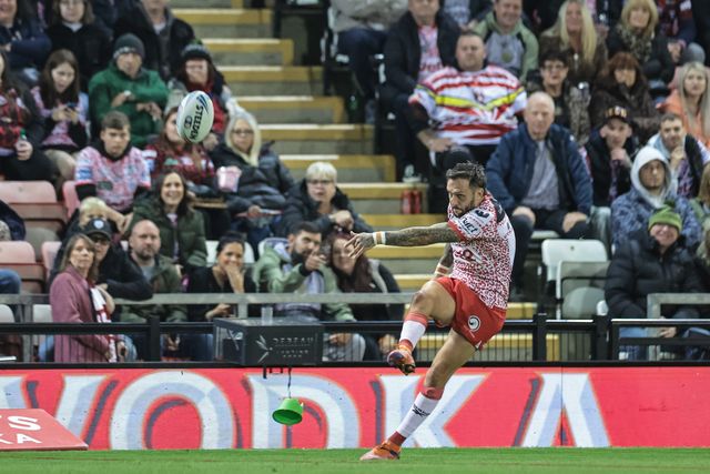 Gaz O'brien of Leigh Leopards converts for a goal during the Betfred Super League Round 26 match Leigh Leopards vs St Helens at Leigh Sports Village, Leigh, United Kingdom, 12th September 2025

(Photo by Mark Cosgrove/News Images)