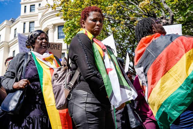 UK-based Zimbabweans gather outside the Zimbabwe Embassy in London on 18 April 2026 to protest the Constitution of Zimbabwe Amendment (No. 3) Bill, which critics say would extend President Mnangagwa’s rule until 2030 and strip citizens of the direct vote for president.

(Photo by Maynard Manyowa/News Images)