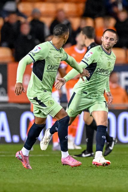 Jordan Clark of Luton Town  celebrates scoring for Loton (2-1) during the Sky Bet League 1 match Blackpool vs Luton Town at Bloomfield Road, Blackpool, United Kingdom, 30th September 2025

(Photo by Adam Gee/News Images)