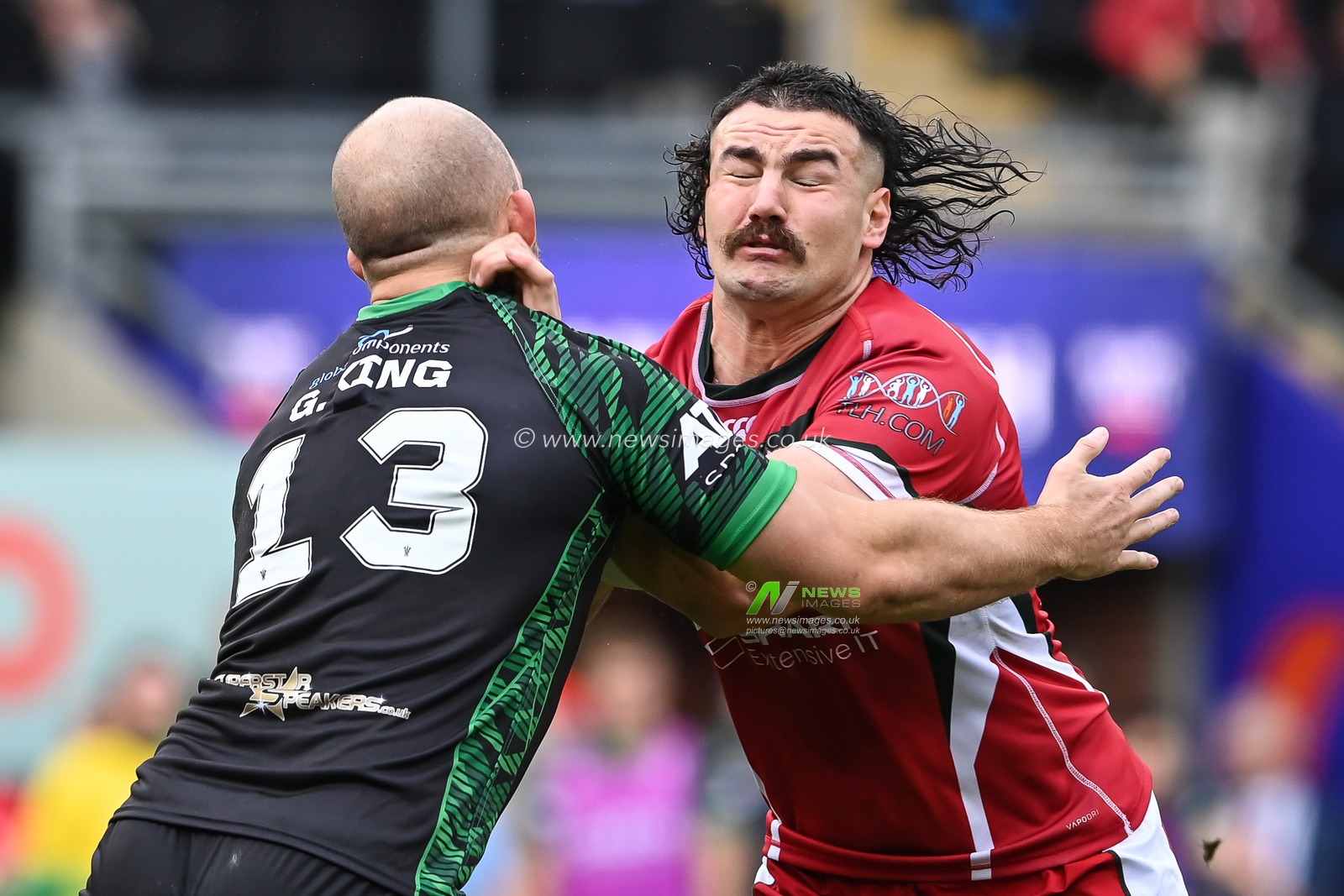Khalil Rahme of Lebanon is tackled by George King of Ireland during the Rugby League World Cup 2021 match Ireland vs Lebanon at Leigh Sports Village, Leigh, United Kingdom, 23rd October 2022

(Photo by Craig Thomas/News Images)