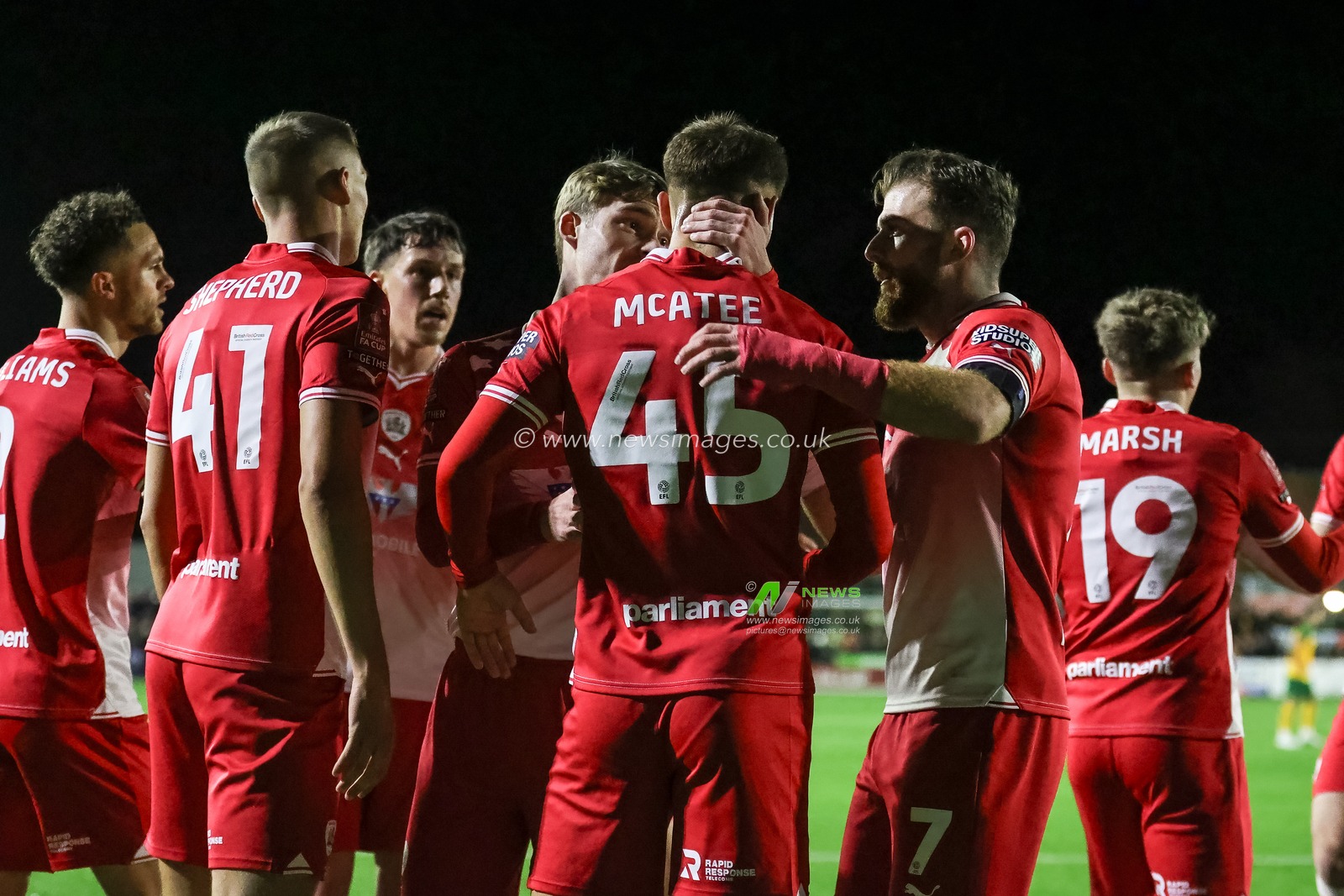 John Mcatee #45 of Barnsley celebrates his goal to make it 0-2 during the Emirates FA Cup match Horsham FC vs Barnsley at The Camping World Community Stadium, Horsham, United Kingdom, 14th November 2023

(Photo by Mark Cosgrove/News Images)