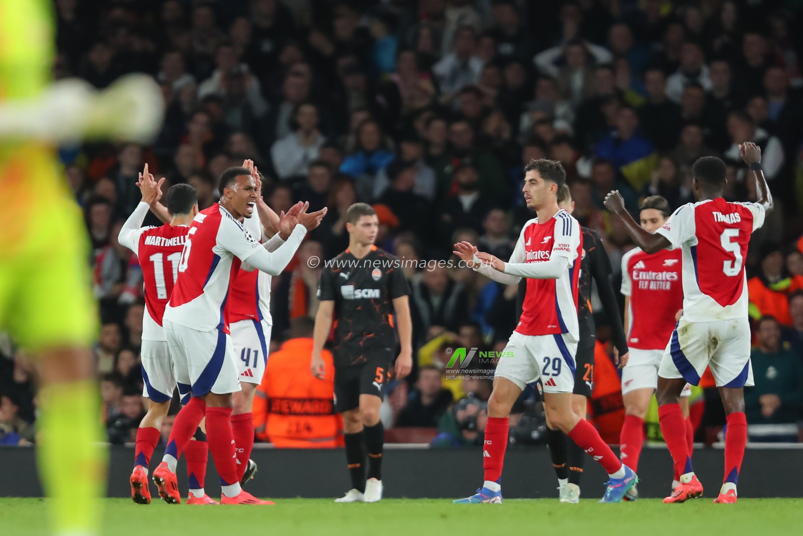 Arsenal celebrates Dmytro Riznyk of Shakhtar Donetsk own goal to make it 1-0 Arsenal during the UEFA Champions League, League Stage Arsenal vs FC Shakhtar Donetsk at Emirates Stadium, London, United Kingdom, 22nd October 2024

(Photo by Izzy Poles/News Images)
