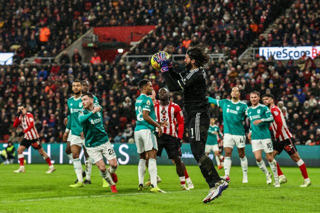 Liverpool goalkeeper Alisson Becker catches the ball during the Premier League match Sunderland vs Liverpool at Stadium Of Light, Sunderland, United Kingdom on 11 February 2026

(Photo by Alfie Cosgrove/News Images)