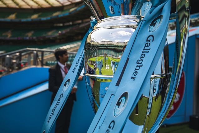 Gallagher Premiership Trophy on display in the build up to the Gallagher Premiership Play-off Final 2025 Bath Rugby v Leicester Tigers at Allianz Stadium, Twickenham, United Kingdom, 14th June 2025

(Photo by Craig Evans/News Images)