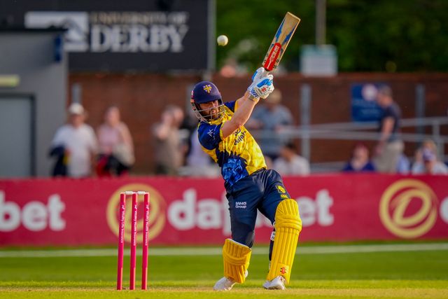 Kasey Aldridge of Durham hits the ball and is caught during the Vitality Blast T20 match between Derbyshire Falcons and Durham Cricket at The Central Co-Op County Ground, Derby, United Kingdom on 22 May 2026

(Photo by Maynard Manyowa/News Images)