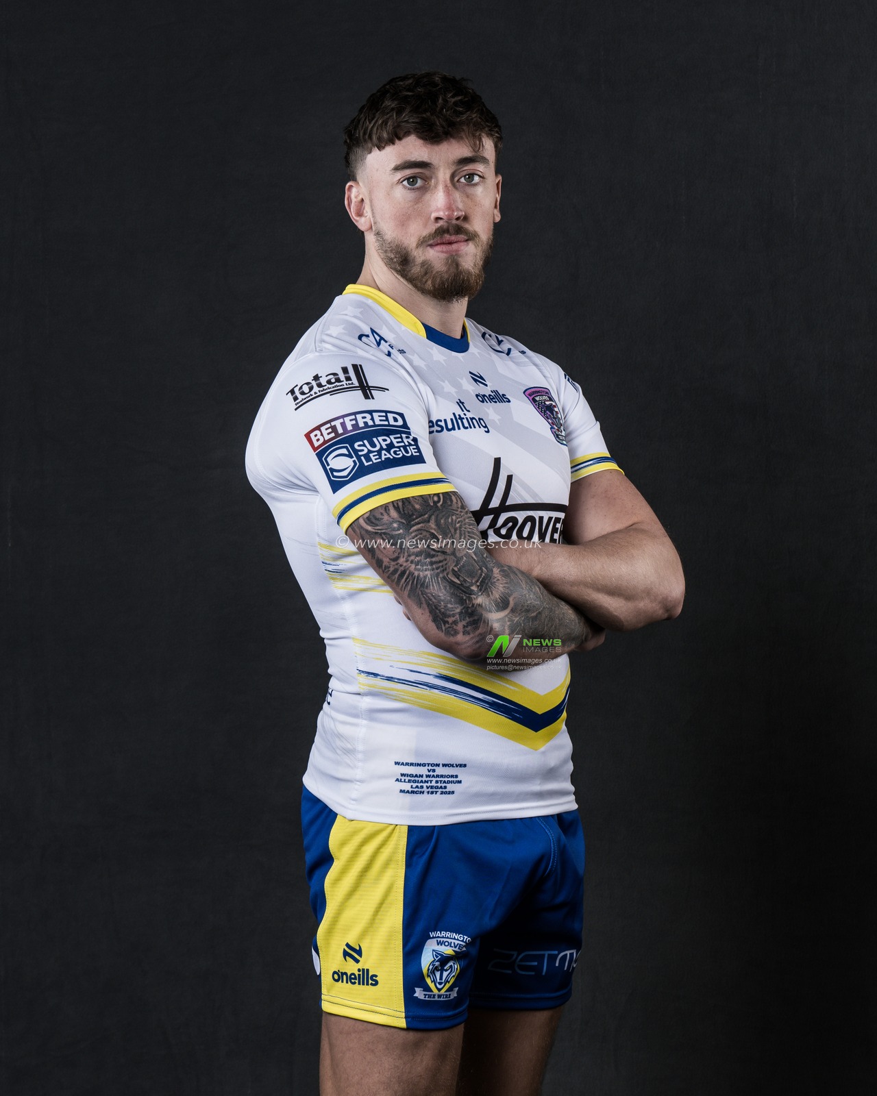 Matty Ashton in the Las Vegas game shirt during the Warrington Wolves Team media day at Warrington wolves training centre, Warrington, United Kingdom, 16th January 2025

(Photo by Craig Thomas/News Images)