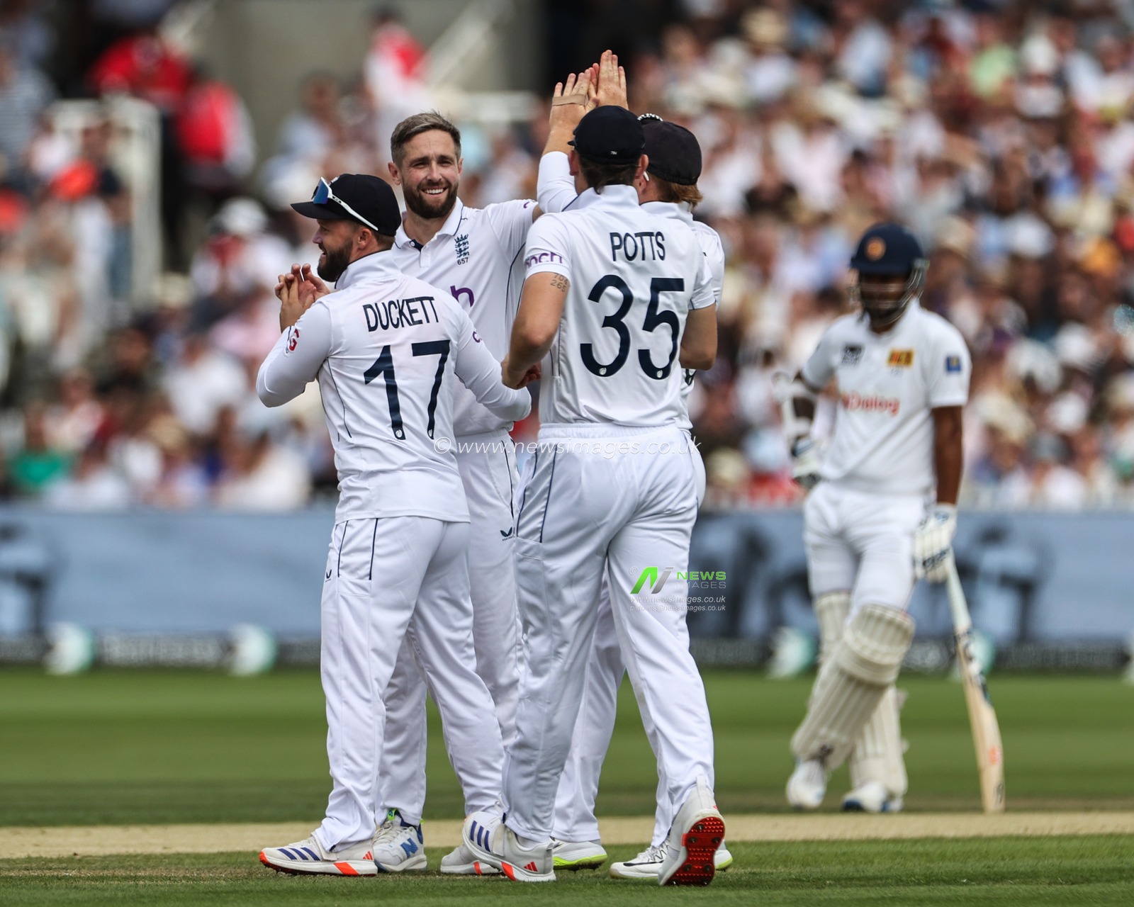 Chris Woakes of England celebrates the dismissal of Nishan Madushka of Sri Lanka during the England v Sri Lanka 2nd Rothesay Test Match Day 2 at Lords, London, United Kingdom, 30th August 2024

(Photo by Mark Cosgrove/News Images)