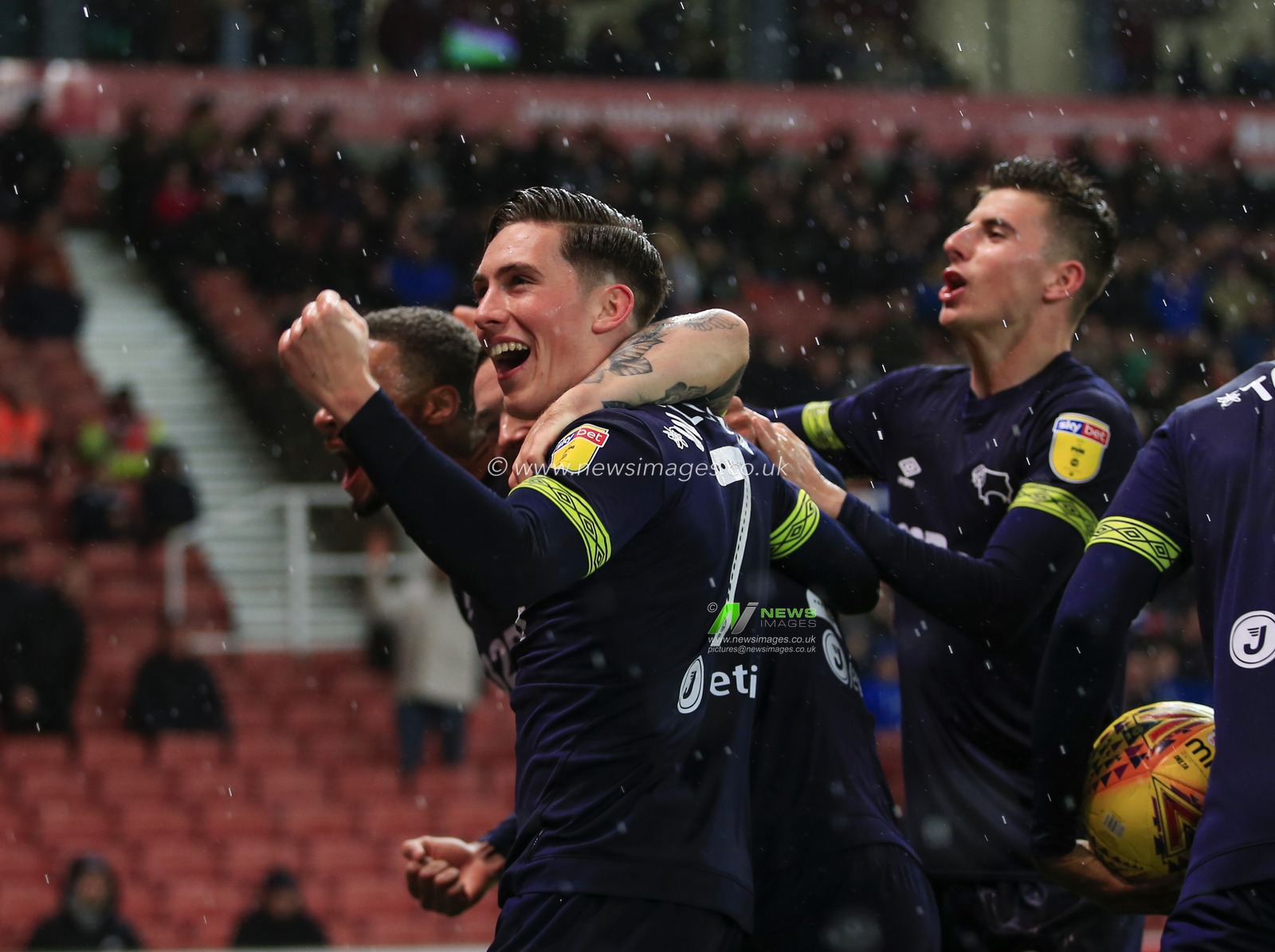 28th November 2018, Bet365 Stadium, Stoke-on-Trent, England; Sky Bet Championship, Stoke City v Derby County ; Harry Wilson of Derby County celebrates scoring from a free kick in the 50th minute to make the score 1-1

Credit: Conor Molloy/News Images

English Football League images are subject to DataCo Licence