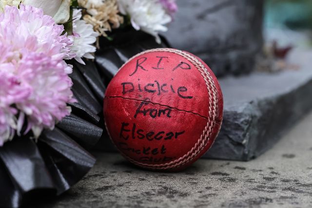 A cricket ball with the message RIP Dickie from Elsecar Cricket Club is placed on The Harold Dennis “Dickie” Bird OBE Statue during the Funeral of Harold Dennis “Dickie” Bird OBE at St Mary's Church, Barnsley, United Kingdom, 19th October 2025

(Photo by Mark Cosgrove/News Images)