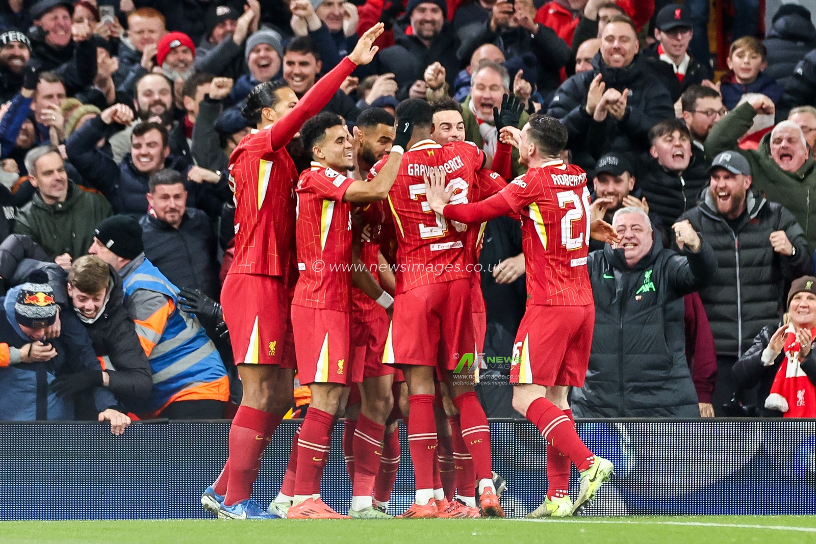 Cody Gakpo of Liverpool celebrates his goal with teammates to make it 2-0 during the UEFA Champions League, League Phase MD5 Liverpool v Real Madrid at Anfield, Liverpool, United Kingdom, 27th November 2024

(Photo by Mark Cosgrove/News Images)