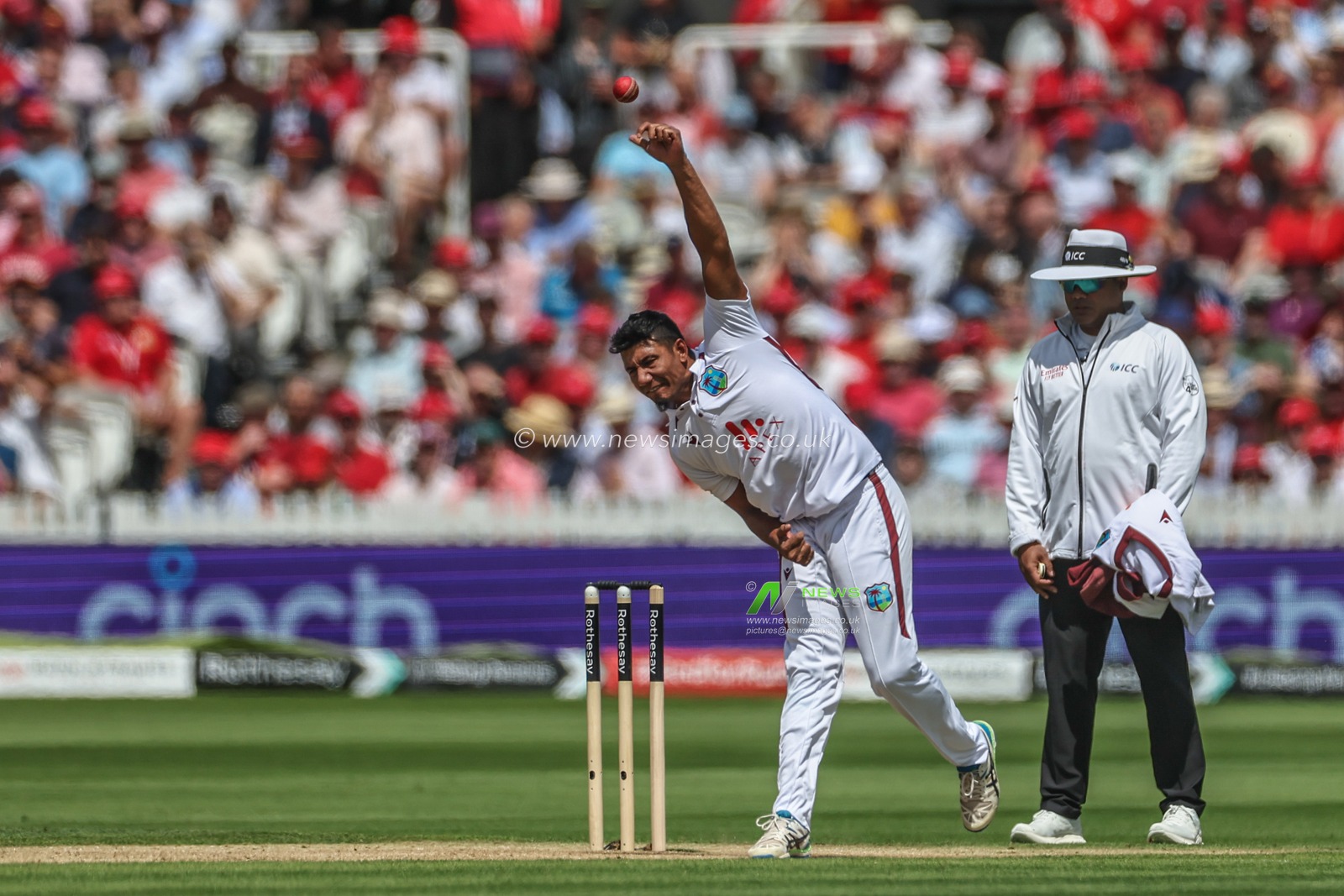 Gudakesh Motie of West Indies delivers a spin ball during the Rothesay Test Match Day Two England v West Indies at Lords, London, United Kingdom, 11th July 2024

(Photo by Mark Cosgrove/News Images)