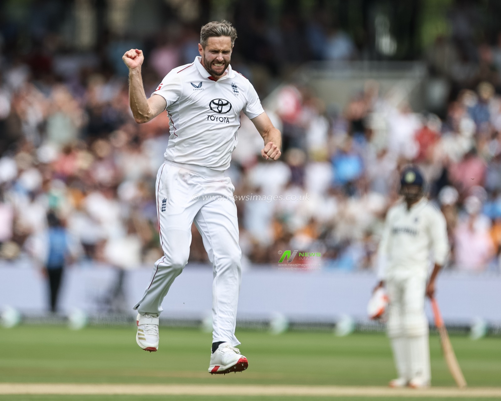 Chris Woakes of England celebrates the wicket of Nitish Kumar Reddy of India during the 3rd Rothesay Test Match Day 5 England v India at Lords, London, United Kingdom, 14th July 2025

(Photo by Mark Cosgrove/News Images)
