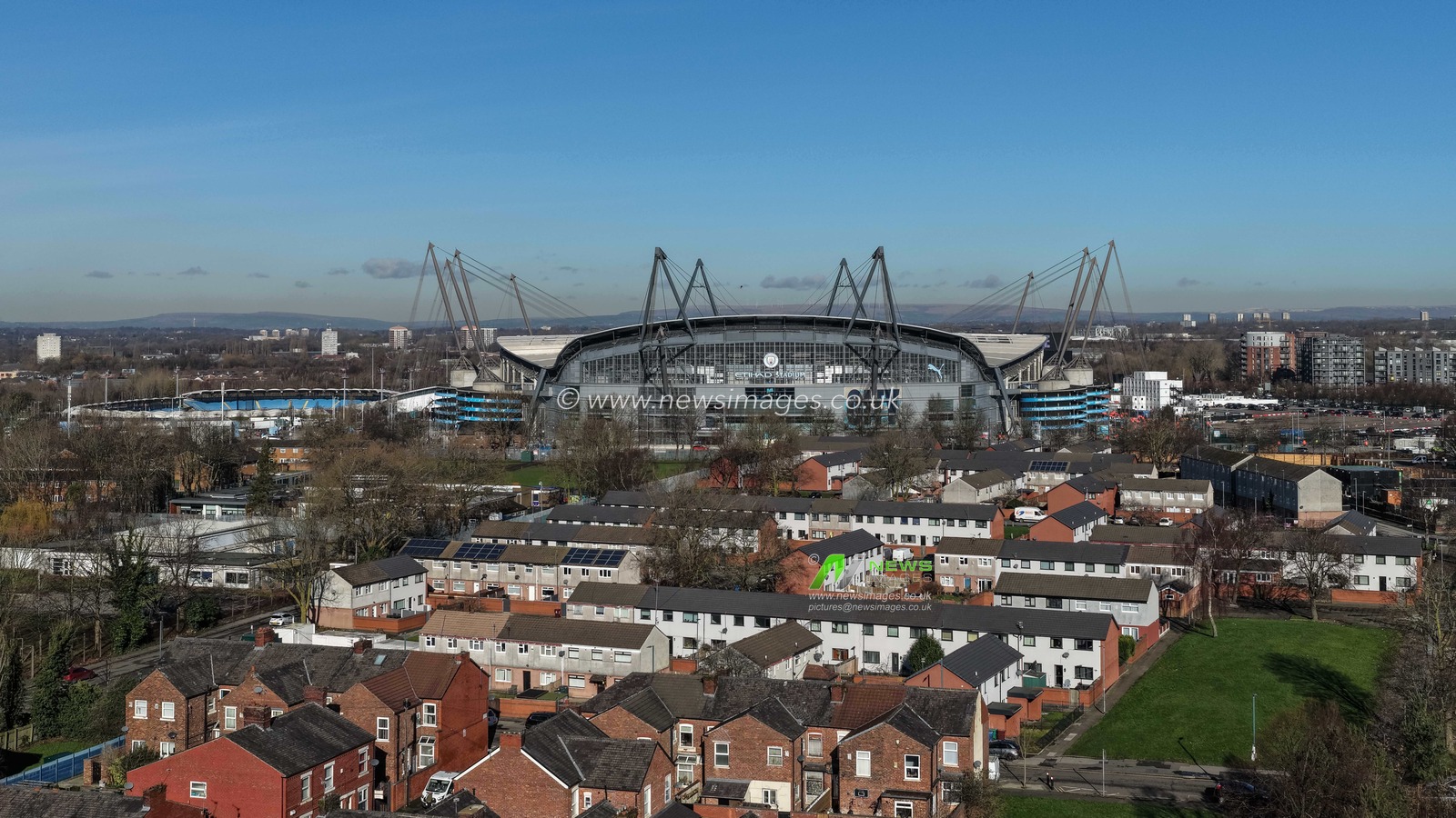 An aerial view of Etihad Stadium during the Emirates FA Cup 4th Round match Manchester City vs Salford City at Etihad Stadium, Manchester, United Kingdom on 14 February 2026

(Photo by Mark Cosgrove/News Images)