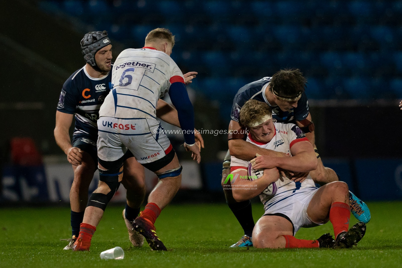 Sale Shark's Tom Bristow is tackled 

15th December 2018, AJ Bell Stadium , Sale, England; European Rugby Challenge Cup, Sale v Bordeaux-Belges ; 

Credit: Terry Donnelly / News Images