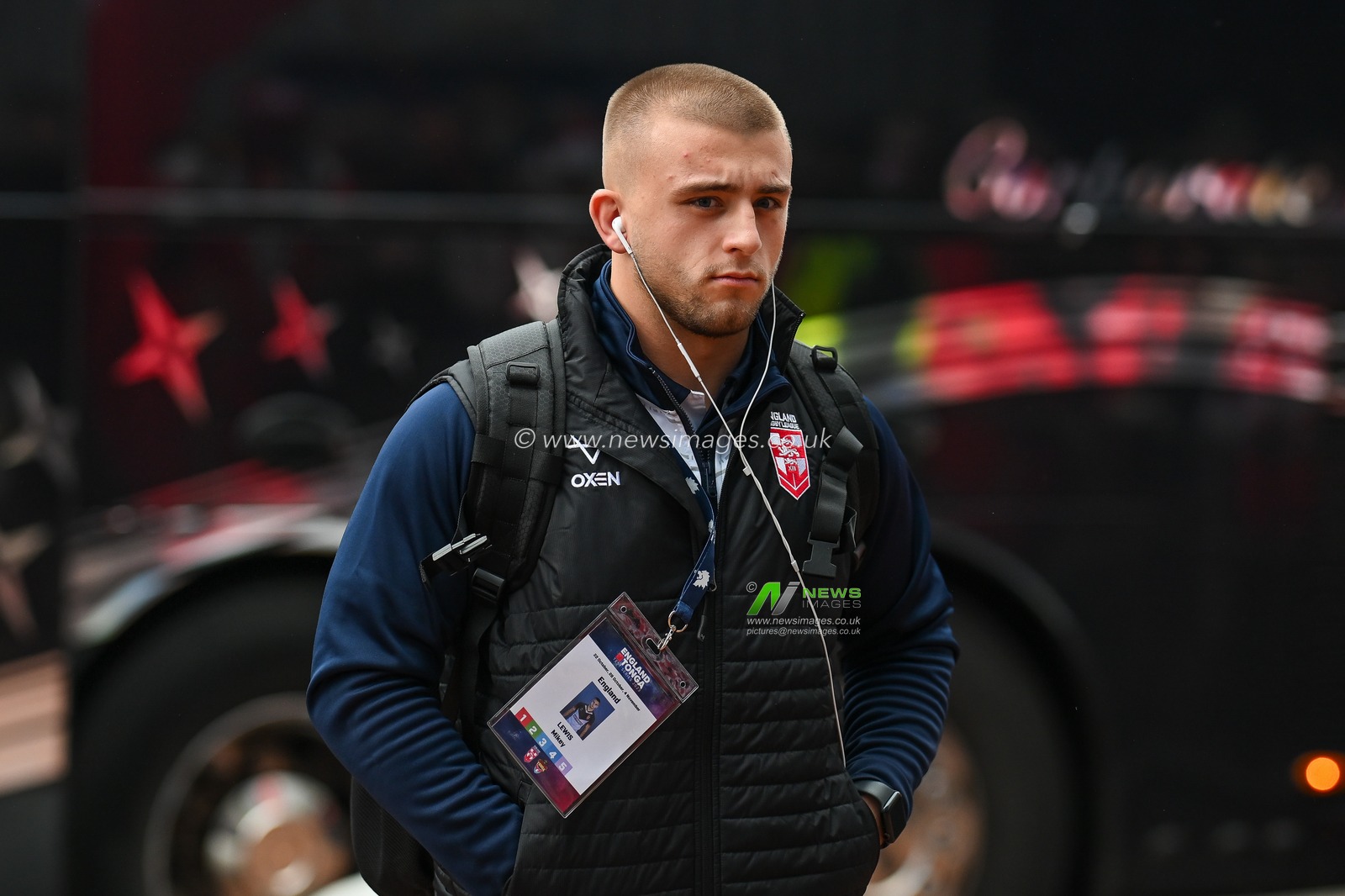 Mikey Lewis of England arrives at the stadium before the Rugby League International match England vs Tonga at John Smith's Stadium, Huddersfield, United Kingdom, 28th October 2023

(Photo by Craig Thomas/News Images)