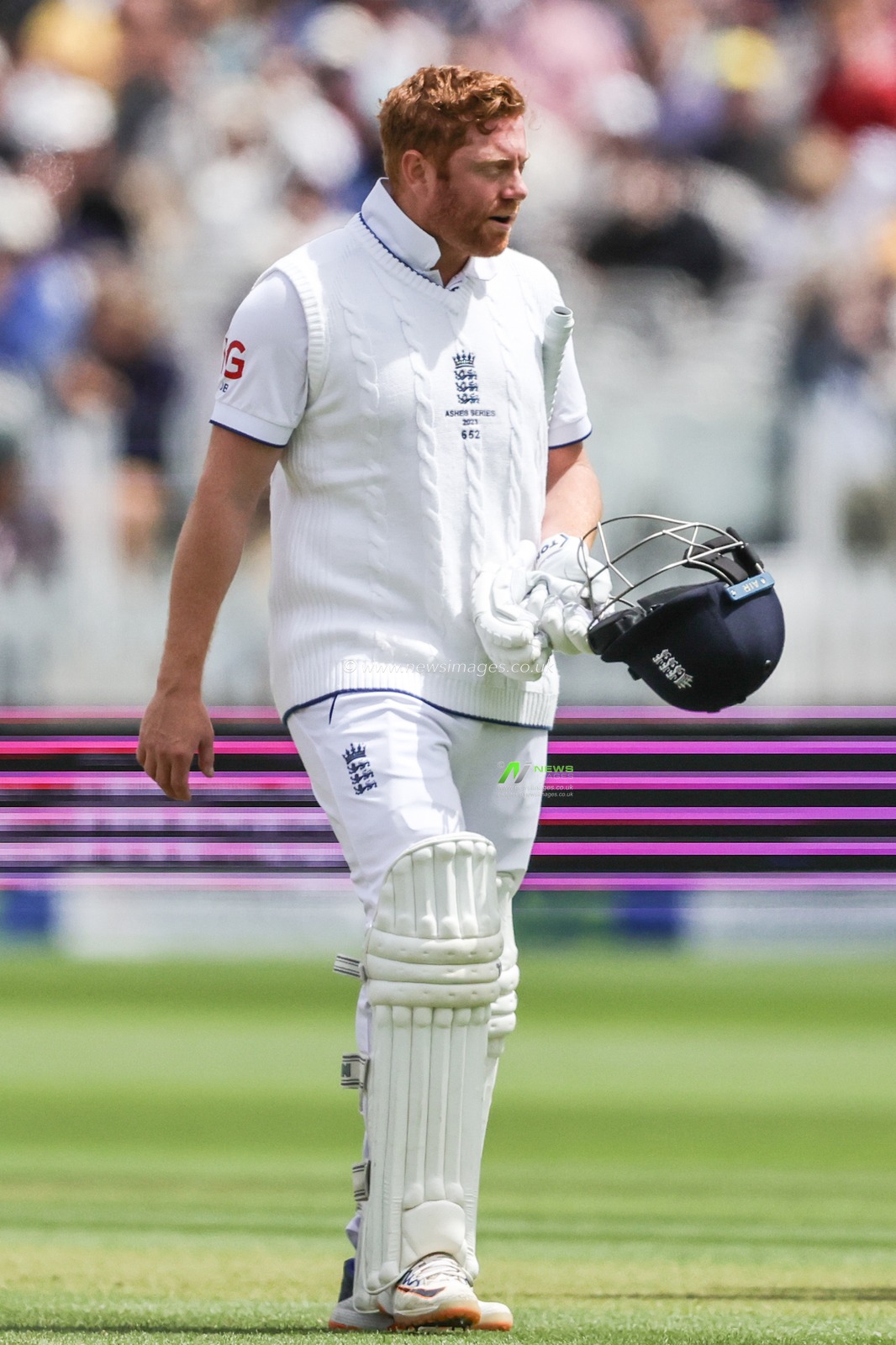 A dejected Jonny Bairstow of England leaves the filed of play after he is stumped out by Alex Carey of Australia during the LV= Insurance Ashes Test Series Second Test Day 5 England v Australia at Lords, London, United Kingdom, 2nd July 2023

(Photo by Mark Cosgrove/News Images)