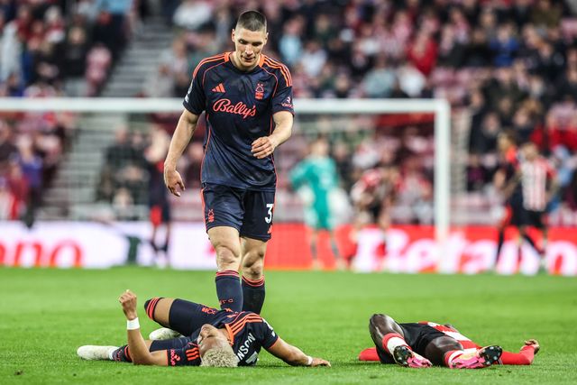 Omari Hutchinson of Nottingham Forest goes down with an injury during the Premier League match Sunderland vs Nottingham Forest at Stadium Of Light, Sunderland, United Kingdom on 24 April 2026

(Photo by Alfie Cosgrove/News Images)