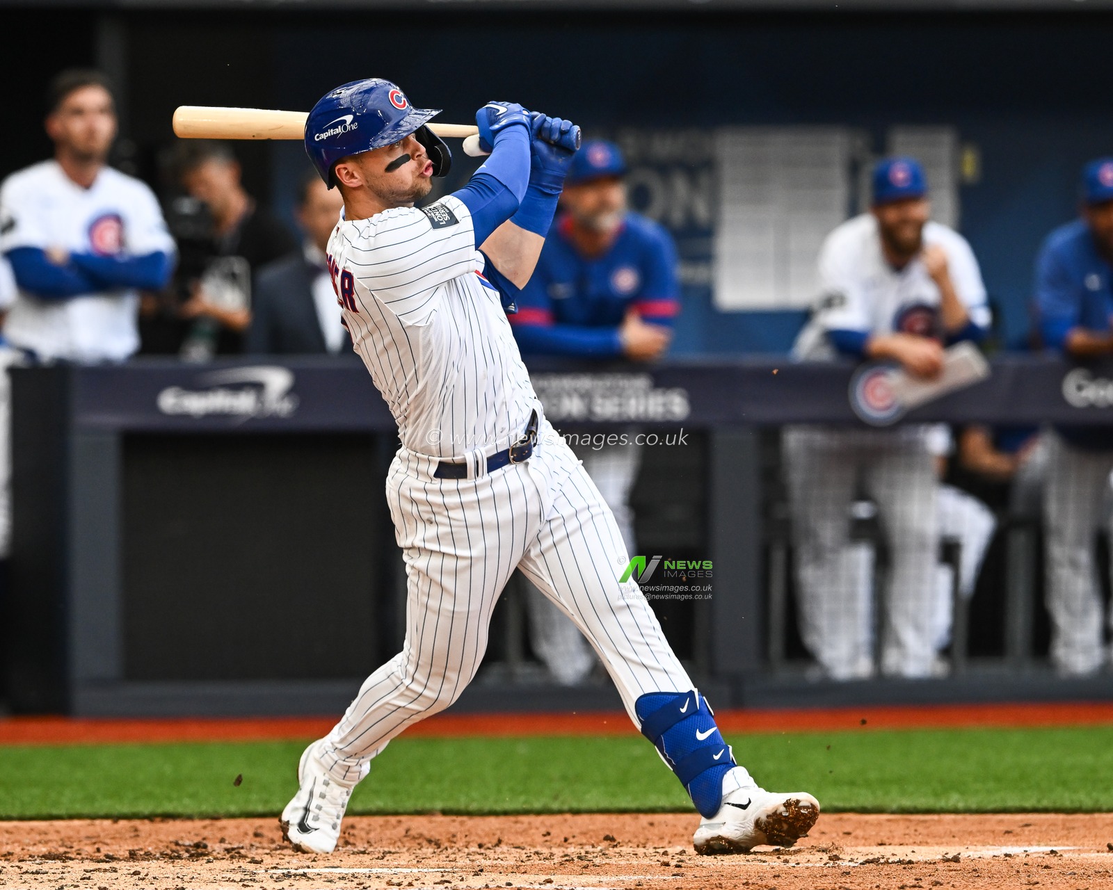Nico Hoerner #2 of the Chicago Cubs hits a high fly ball to center field during the 2023 MLB London Series match St. Louis Cardinals vs Chicago Cubs at London Stadium, London, United Kingdom, 24th June 2023

(Photo by Craig Thomas/News Images)