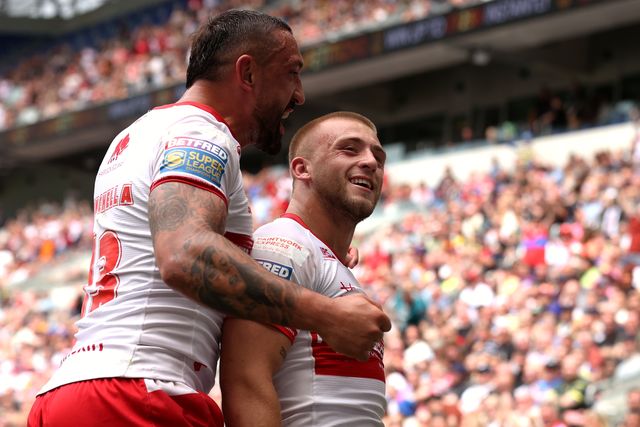 Mikey Lewis of Hull KR celebrates his try during the Betfred Super League Magic Weekend match Hull KR vs Hull FC at Hill Dickinson Stadium, Liverpool, United Kingdom on 04 July 2026

(Photo by Alfie Cosgrove/News Images)