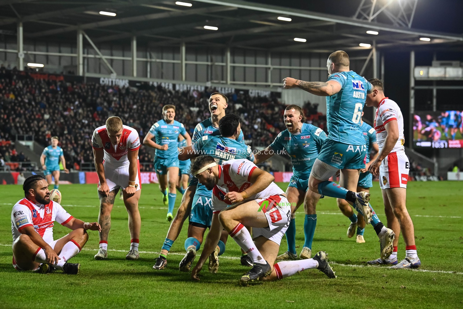 Rhyse Martin #12 of Leeds Rhinos celebrates his try during the Betfred Super League Round 3 match St Helens vs Leeds Rhinos at Totally Wicked Stadium, St Helens, United Kingdom, 3rd March 2023

(Photo by Craig Thomas/News Images)