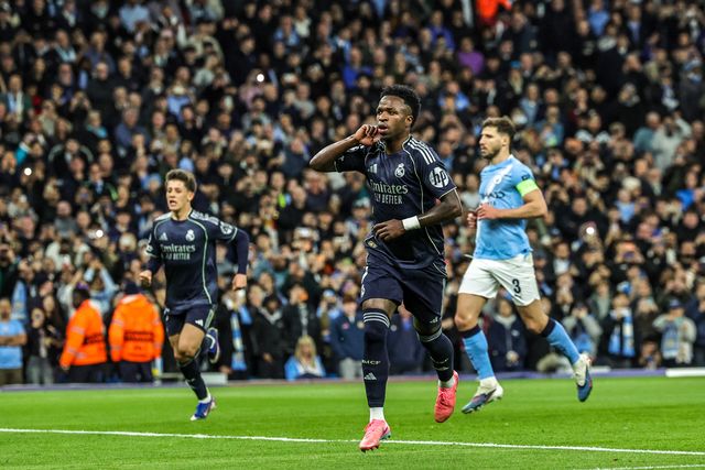 Vinicius Junior of Real Madrid celebrates his goal to make it 0-1 during the UEFA Champions League last 16 second leg match Manchester City vs Real Madrid at The City of Manchester Stadium, Manchester, United Kingdom on 17 March 2026

(Photo by Mark Cosgrove/News Images)