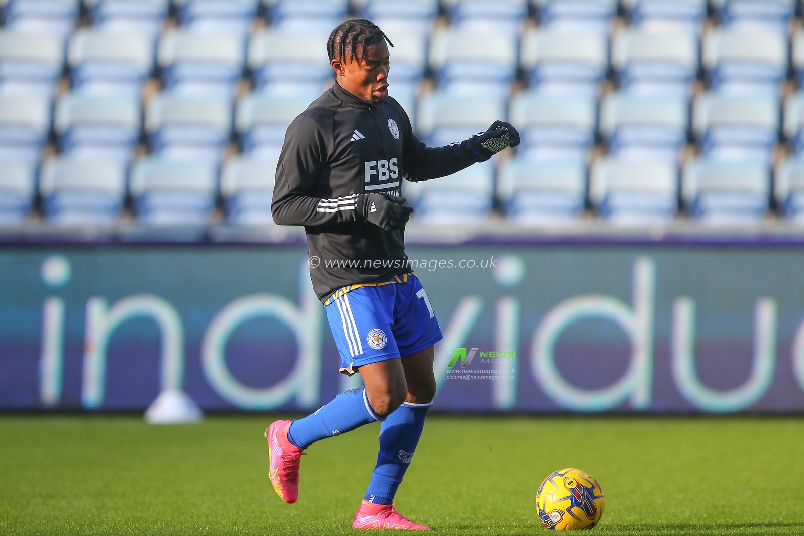 Abdul Fatawu of Leicester City during the pre-game warm up ahead of the Sky Bet Championship match Coventry City vs Leicester City at Coventry Building Society Arena, Coventry, United Kingdom, 13th January 2024

(Photo by Gareth Evans/News Images)